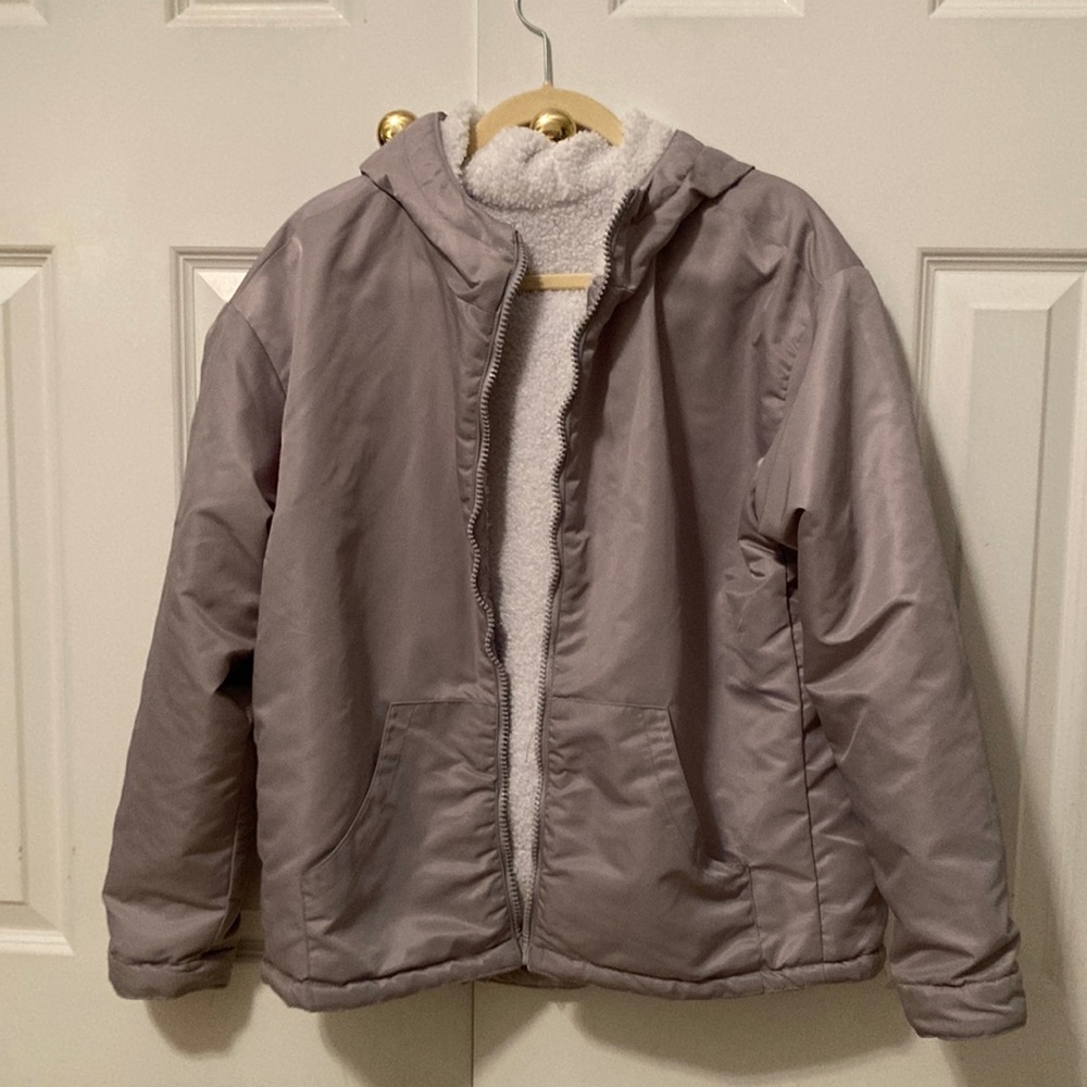 Reversible gray and white mid season hooded jacket